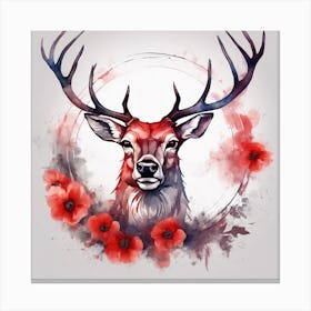 Deer With Red Poppy Flowers Canvas Print