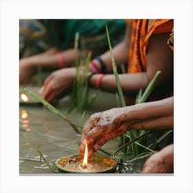 Women Lighting Candles In The Water 1 Canvas Print