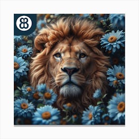 Lion In Blue Flowers Canvas Print