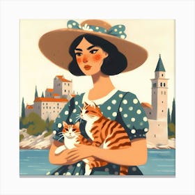 Girl With Cats and Hat Canvas Print