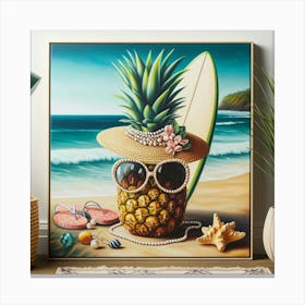 A Colorful and Realistic Painting of a Pineapple with Pearl Earrings and a Straw Hat, Leaning on a Surfboard on a Tropical Beach Canvas Print
