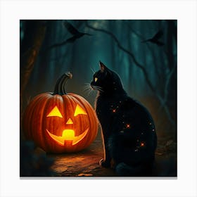 Black Cat With Pumpkin In Forest - Diverse Art Illustration 20 Canvas Print