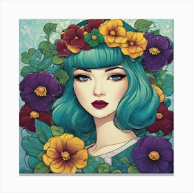 Blue Haired Girl With Flowers Canvas Print