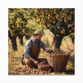 Peach Orchard Farmer Picking Peaches Canvas Print
