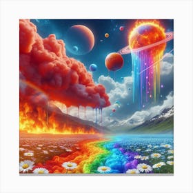 A Red Cloud, Blue Rainbow And Fiery Planets Melting Over A Field Of Daisies 4 Canvas Print