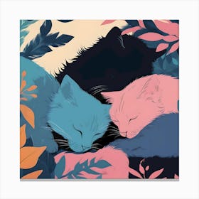 Silhouettes Of Sleeping Cats, Black, Blue, Pink And Light Yellow Canvas Print