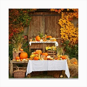 An Idyllic Rustic Autumn Setting A Basket Brimming With Fresh Harvest Of Corn And Pumpkin Wood Br (1) Canvas Print