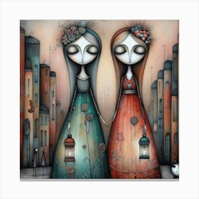 Two Girls With Lanterns Canvas Print