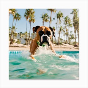 A dog boxer swimming in beach and palm trees 5 Canvas Print