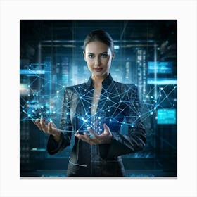 Cybernetic Advocate A Businesswoman Encapsulated In A Futuristic Suit Her Hand Garnished With Hol (4) Canvas Print