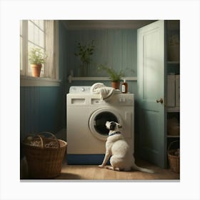 Dog In Front Of A Washing Machine laundary room Canvas Print