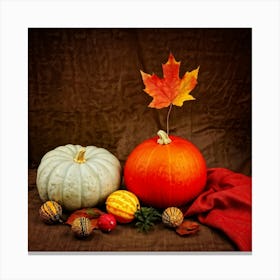 Autumnal Still Life Digital Painting Featuring Maple Leaf And Squash Placed Against Fabric Simulatin 2 1 Canvas Print