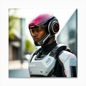 The Image Depicts A Stronger Futuristic Suit For Military With A Digital Music Streaming Display 1 Canvas Print