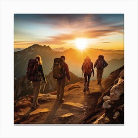 Hikers In The Mountains At Sunset Canvas Print