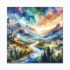 Watercolor Of A Castle In The Mountains Canvas Print