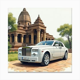 Luxury Car In Front Of An Ancient Temple, Watercolor Painting 1 Canvas Print