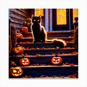 Halloween Cat On The Steps Canvas Print