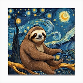 Sloth Cartoon At Starry Night Van Gogh painting Canvas Print