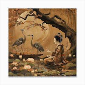 Meditative Scene Under Blooming Cherry Tree With Herons Canvas Print