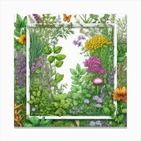 Watercolor Frame With Herbs And Flowers Canvas Print