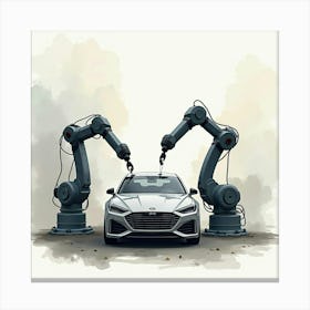 Robotic Arms Working On A Car, Watercolor Blend Of Industrial Greys Canvas Print