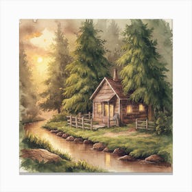 Enchanted Retreat A Serene Watercolor Of A Rustic Cabin In A Verdant Forest (1) Canvas Print