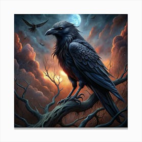 Raven Perched On A Branch Against A Dramatic Sunset Sky Canvas Print