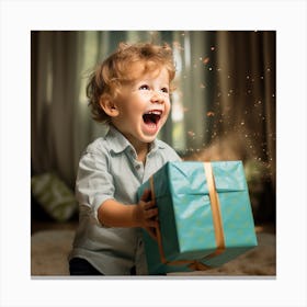 Little Boy Playing With A Present Canvas Print