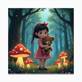 A Young Girl Holding A Teddy Bear, Standing In A Magical Forest, With Glowing Mushrooms Surrounding Her Canvas Print