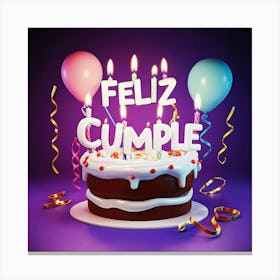 Feliz cumple and Feliz cumpleaños sign means Happy Birthday in Spanish language, Birthday party celebration gift with birthday cake candle colorful balloons best congratulation over light background wall artFeliz Cumple 26 Canvas Print