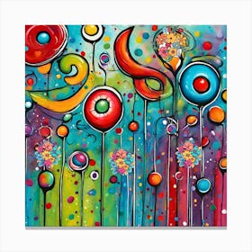 Colorful Abstract Painting- Vibrant colors and whimsical shapes come together to create a fantastical garden-like scene with abstract floral and circular elements. Bold, fluid lines and contrasting hues give the piece a sense of movement and joyful energy Expressionism Canvas Print