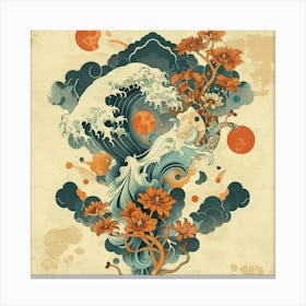 Japanese Wave Design with Flowers Canvas Print