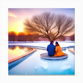 Couple Sitting On A Frozen Lake Canvas Print