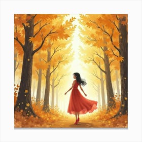 Lovely Dress In Watercolor, Amidst A Golden Autumn Forest 1 Canvas Print