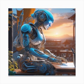 Robot Woman Sitting At A Table Canvas Print