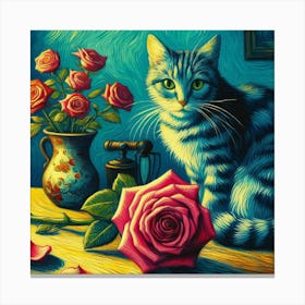 Cat With Roses 1 Canvas Print