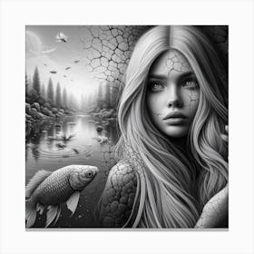 Black And White Girl With Fish Canvas Print