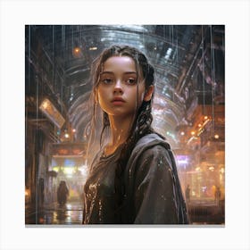 Cyberpunk Girl In Rain Canvas Print