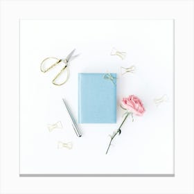 Blue Notebook And Pink Rose Canvas Print