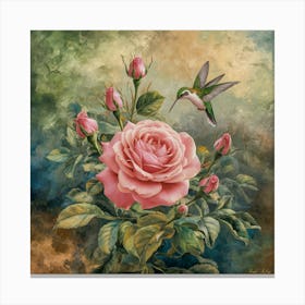 Enchanted Harmony A Vibrant Painting Of A Majestic Rose And Delicate Hummingbird (2) Canvas Print