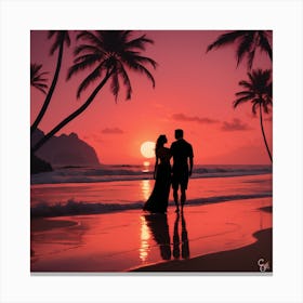 Sunset Couple On The Beach Canvas Print