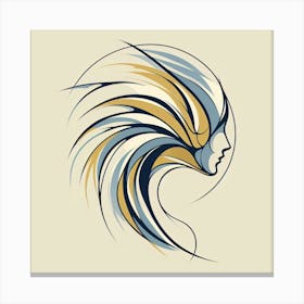 Abstract Head Silhouette In Blue And Yellow - Line Sketch Drawing Canvas Print