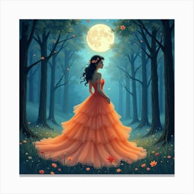 Charming Woman In Watercolor Gown, Magical Moonlit Forest 1 Canvas Print