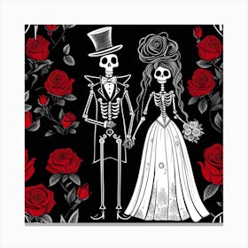 Day Of The Dead Skeleton Bride And Groom red roses Canvas Print