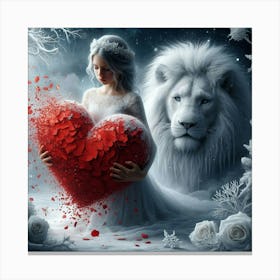 Lion And Woman Holding A Heart Canvas Print