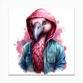 Watercolour Cartoon Flamingo In A Hoodie 1 Canvas Print