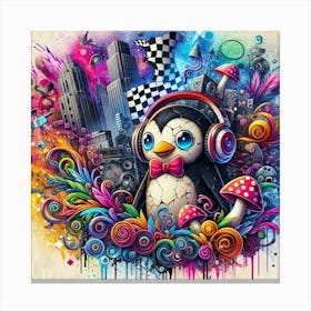 Penguin With Headphones 5 Canvas Print