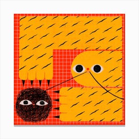yellow happy tiger plays with woolen ball on checkered red backdrop Canvas Print