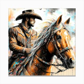 The Beautiful Cowboy On A Horse Creative Color Drawing Canvas Print