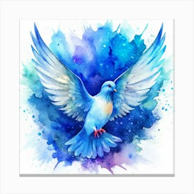 Blue Dove Flying In Watercolor Splatter Canvas Print